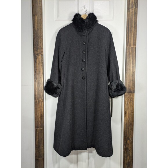 Vintage 1980s Donnybrook Wool Coat With Rabbit Trim - Heathered Charcoal Size 8P - Picture 1 of 8